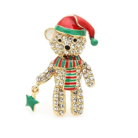 Jewelry pin brooch Holidays Christmas bear Santa yellow gold tone sparkly cute - Picture 1 of 13